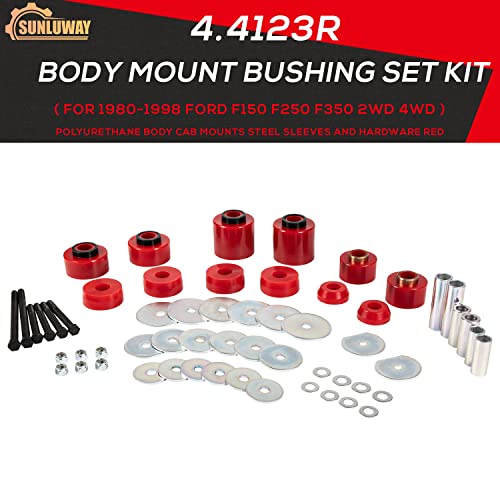 Sunluway Upgraded Red Body Mount Bushing Set Kit Compatible with 1980-1998 Ford F150 F250 F350 2WD 4WD, Heavy Duty Polyurethane Body Cab Mounts Steel Sleeves and Hardware Replacement Kit 58PCS - Image 2
