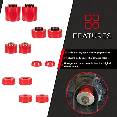 Sunluway Upgraded Red Body Mount Bushing Set Kit Compatible with 1980-1998 Ford F150 F250 F350 2WD 4WD, Heavy Duty Polyurethane Body Cab Mounts Steel Sleeves and Hardware Replacement Kit 58PCS - Image 3