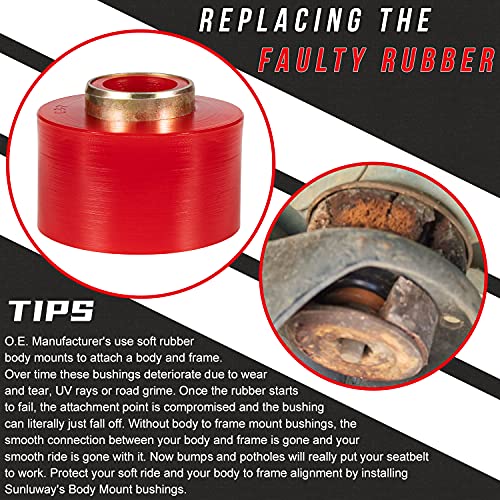 Sunluway Upgraded Red Body Mount Bushing Set Kit Compatible with 1980-1998 Ford F150 F250 F350 2WD 4WD, Heavy Duty Polyurethane Body Cab Mounts Steel Sleeves and Hardware Replacement Kit 58PCS - Image 4