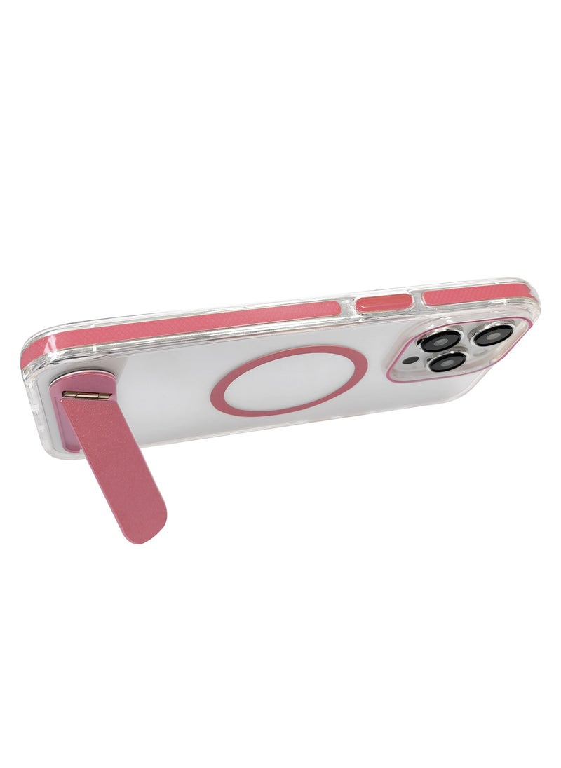 Generic - Luxury TPU PC Crystal clear Magnetic Phone case With Holder Stand for iPhone 15 Pro Max case With Metal Stand - Pink - Image 1