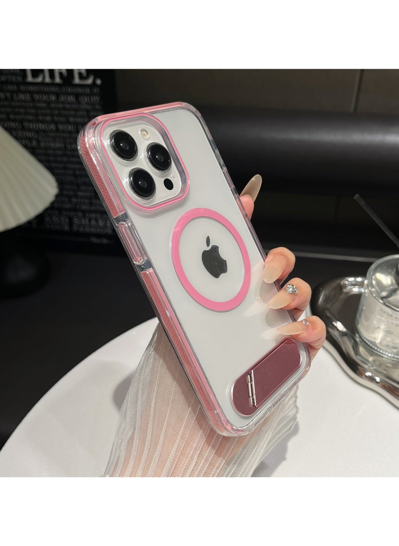 Generic - Luxury TPU PC Crystal clear Magnetic Phone case With Holder Stand for iPhone 15 Pro Max case With Metal Stand - Pink - Image 1