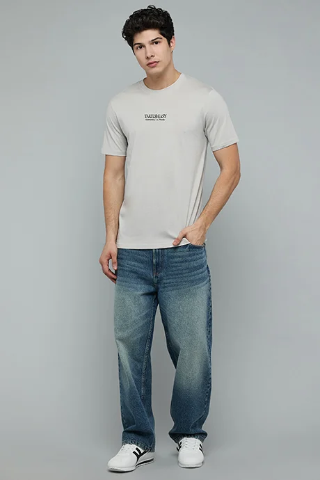 أر أند بي Typography Print T-Shirt with Crew Neck and Short Sleeves