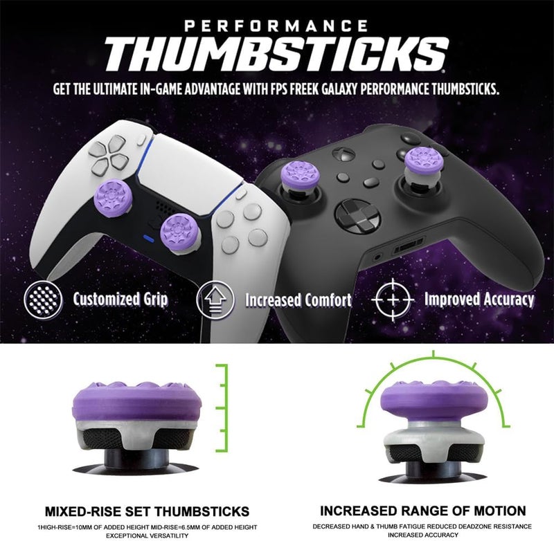 YARDHOBI FPS Freek Galaxy Purple for PlayStation 4 (PS4) and PlayStation 5 (PS5), Performance Thumbsticks, 3D Texture Thumb Grip Stick Joystick Thumbstick, Thumbstick Extender for PS5 (1 High-Rise, 1 Mid-Rise) - Image 2