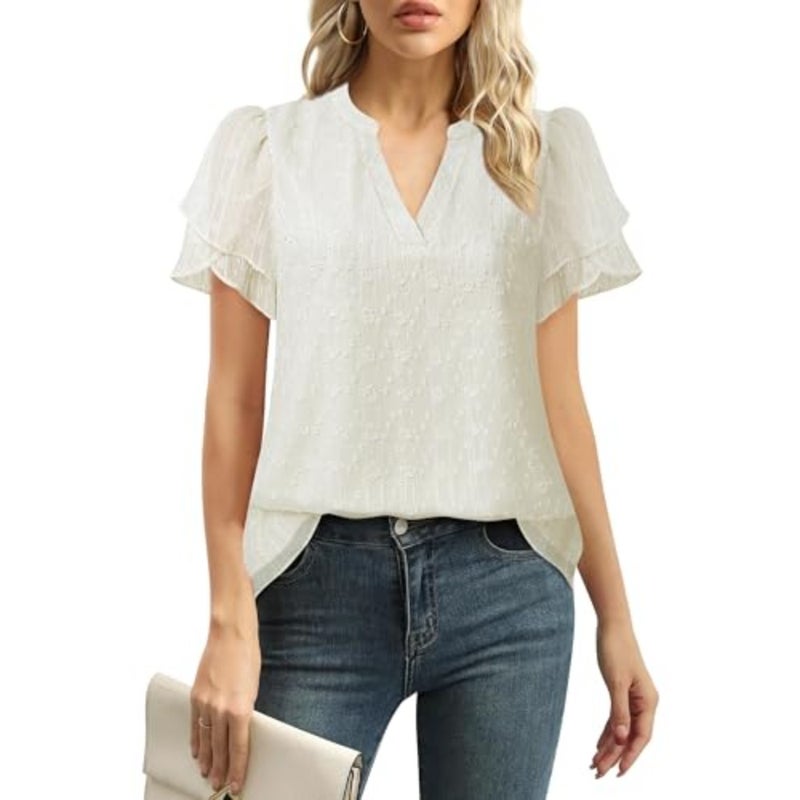 Lotusmile Elegant Chiffon Blouse for Women, Summer, Puff Blossoms, Short Sleeves, V-Neck, Casual Work Top - Image 1