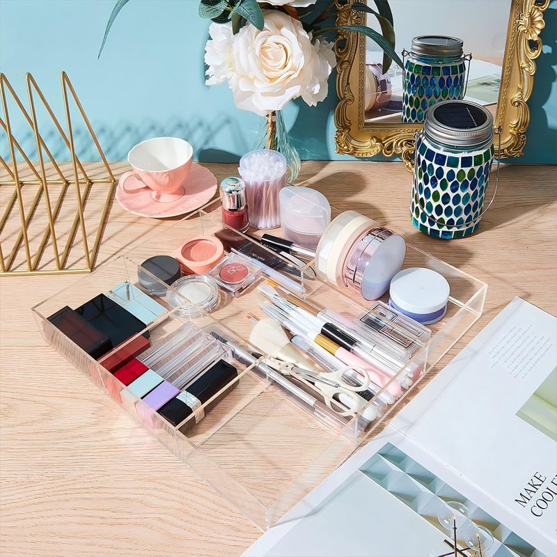 Chunful Clear Drawer Organizer 2 Pieces 6 Section Clear Desk Organizer with Dividers 3 Section Acrylic Makeup Tray Divided Clear Drawer Inserts Sectioned Organizer Tray Makeup Organizer Drawers Storage - Image 5