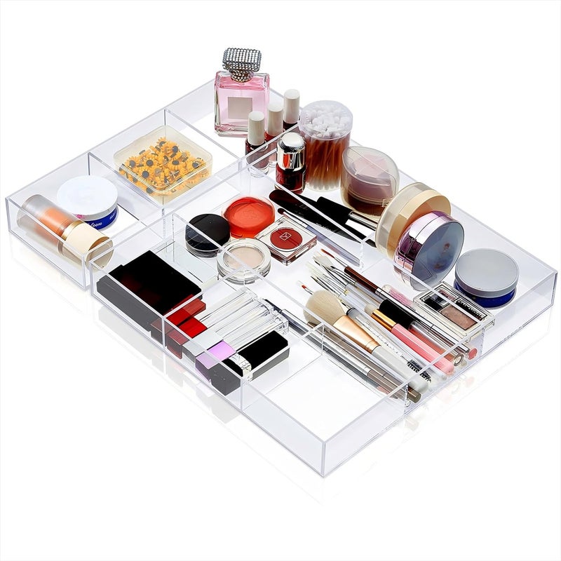 Chunful Clear Drawer Organizer 2 Pieces 6 Section Clear Desk Organizer with Dividers 3 Section Acrylic Makeup Tray Divided Clear Drawer Inserts Sectioned Organizer Tray Makeup Organizer Drawers Storage - Image 1