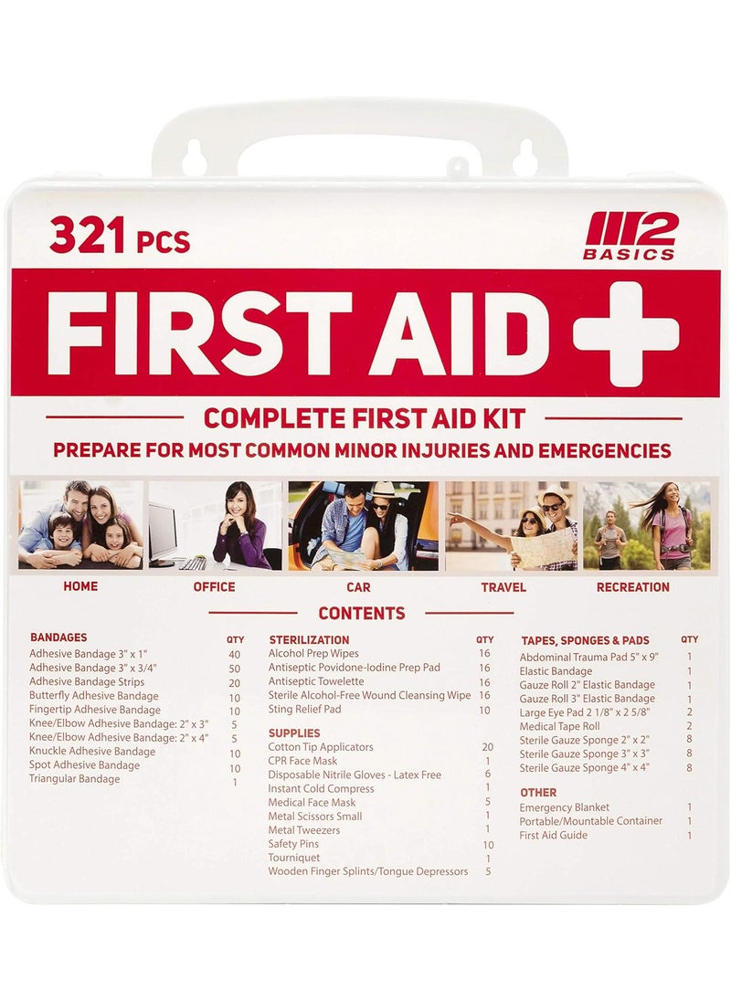 M2 BASICS M2 BASICS Complete 321 Piece First Aid Kit | First Aid Kit for Home, Businesses, Vehicle Car | Emergency Kit, Emergency Medical Kit 