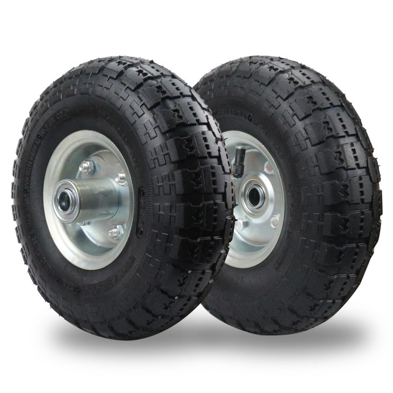 RRQ (2 Pack) RRQ 10 Inch Pneumatic Wheel 4.10/3.50-4 Tire, 10" Pneumatic Wheels with 5/8" Bearings,2.2" Offset Hub for Garden Cart, Hand Truck, Lawn Cart, Mower - Image 1