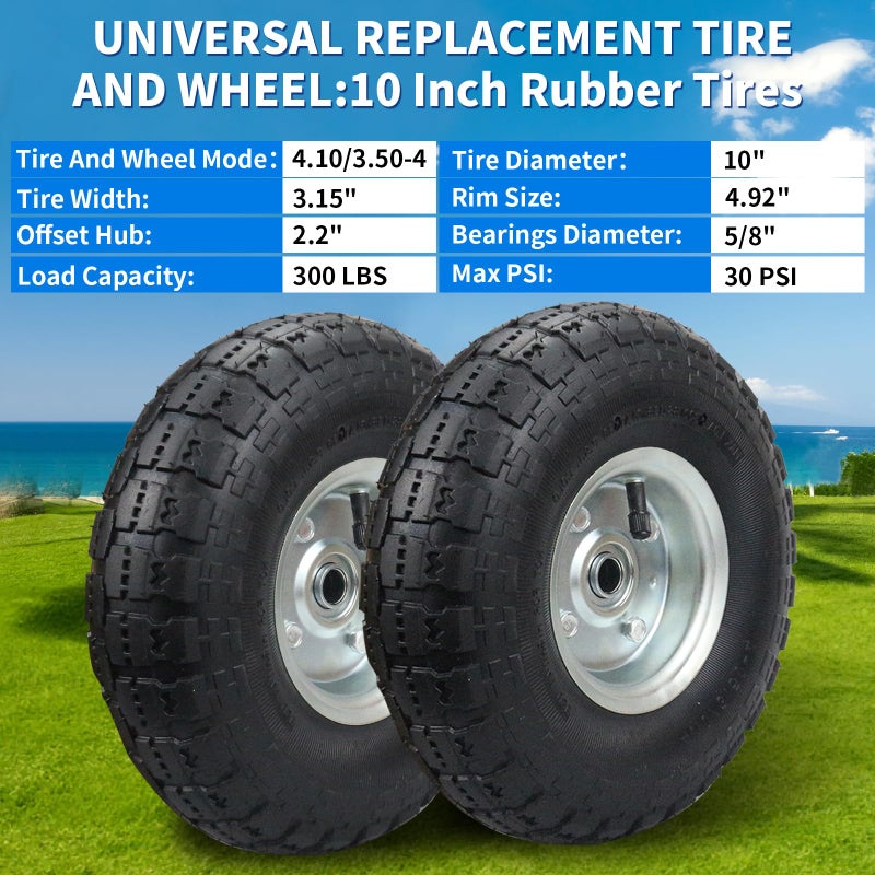 RRQ (2 Pack) RRQ 10 Inch Pneumatic Wheel 4.10/3.50-4 Tire, 10" Pneumatic Wheels with 5/8" Bearings,2.2" Offset Hub for Garden Cart, Hand Truck, Lawn Cart, Mower - Image 3