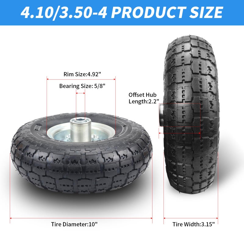 RRQ (2 Pack) RRQ 10 Inch Pneumatic Wheel 4.10/3.50-4 Tire, 10" Pneumatic Wheels with 5/8" Bearings,2.2" Offset Hub for Garden Cart, Hand Truck, Lawn Cart, Mower - Image 4