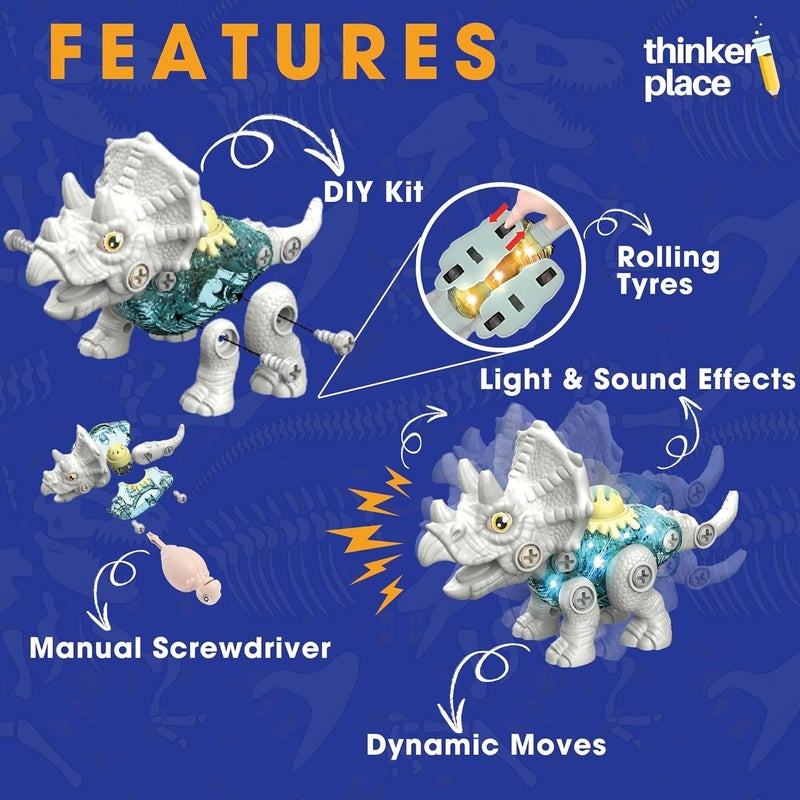 ThinkerPlace DIY Sliding Dinosaur Kit Triceratops with Light & Sound | Learn About Fossils | Take Apart Dinosaur Toys | Build, Play & Learn | Toy for Kids Age 4+ | Science & Learning Toy - Image 2