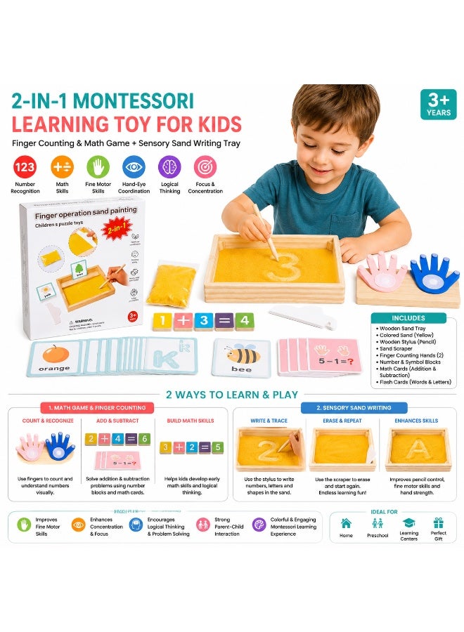 Twisoo Twisso 2-in-1 Montessori Wooden Learning Toy for Kids, Finger Counting Math Game & Sensory Sand Writing Tray with Math Flash Cards, Numbers, Addition Subtraction, Fine Motor Skills Activity - Image 2