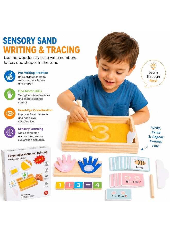 Twisoo Twisso 2-in-1 Montessori Wooden Learning Toy for Kids, Finger Counting Math Game & Sensory Sand Writing Tray with Math Flash Cards, Numbers, Addition Subtraction, Fine Motor Skills Activity - Image 3