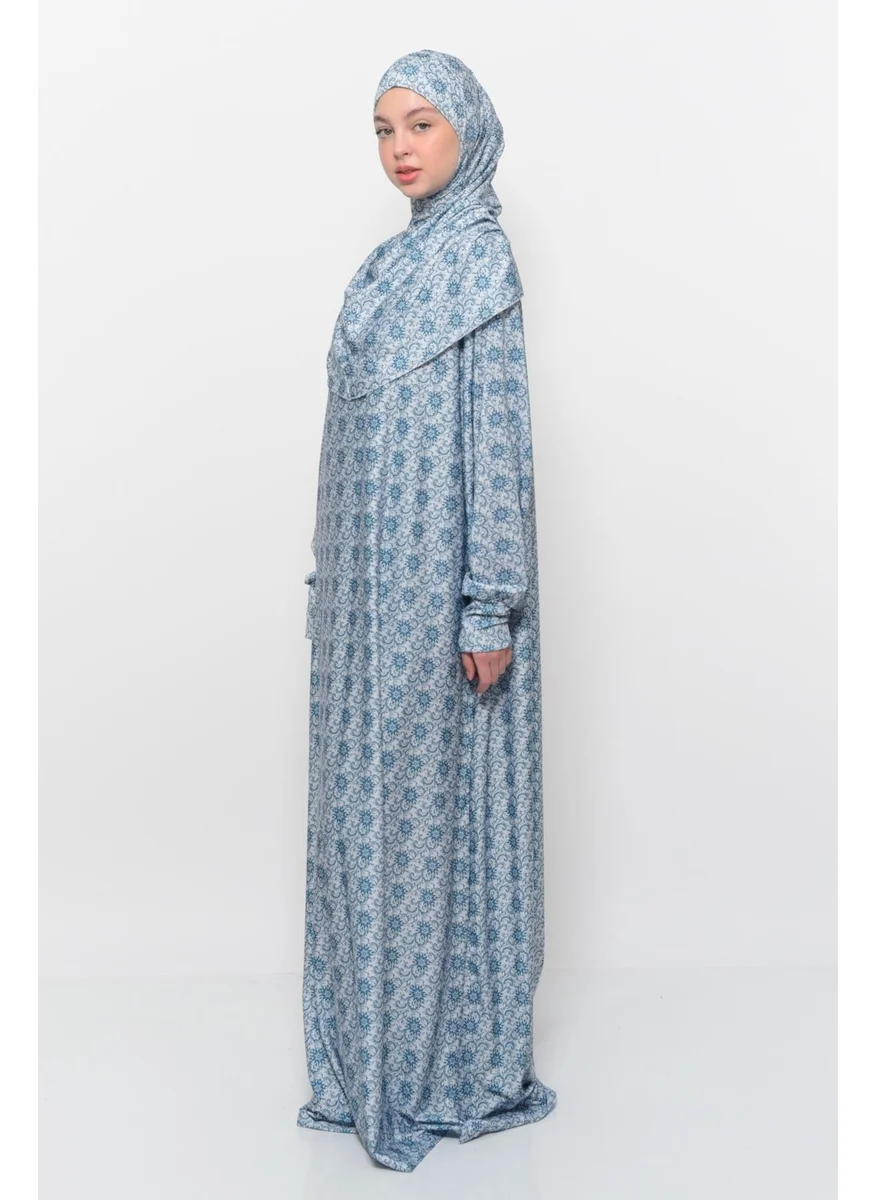 التوبة Practical One Piece Sun Patterned Sleeves Removable Lycra Hijab Prayer Dress with Headscarf 990 0327