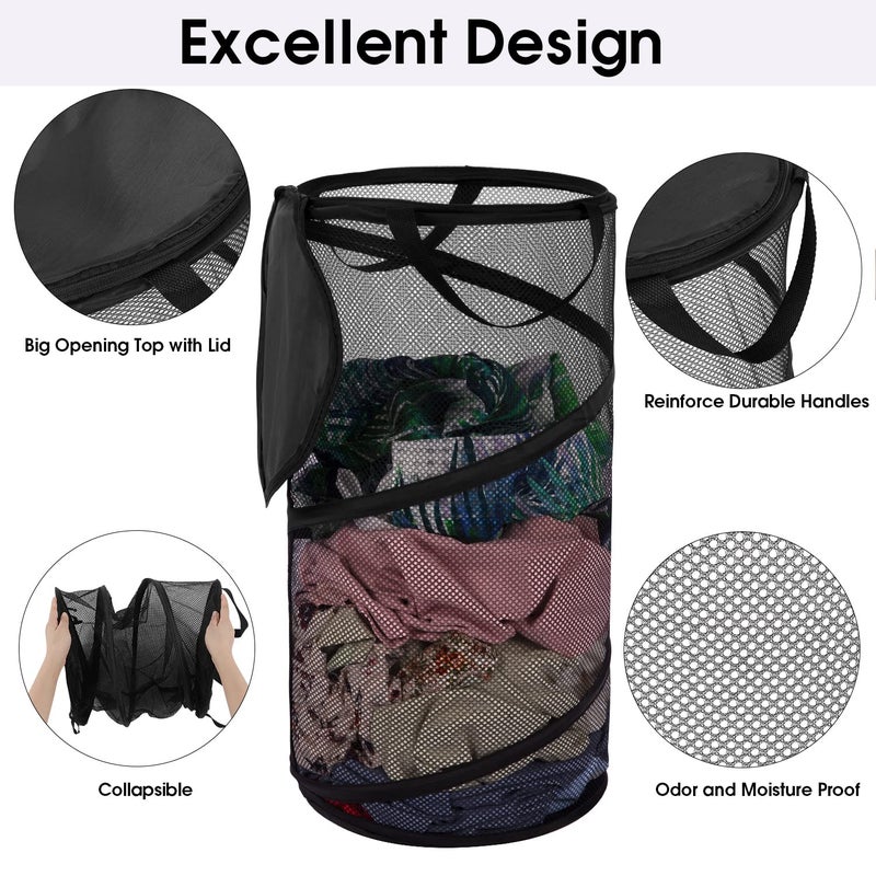 BATTOO Collapsible Laundry Basket with Lid Foldable Mesh Pop Up Hamper with Handles for Laundry Room, Bathroom, Kids Room, College Dorm, Travel, Storage Organizer Black - Image 3