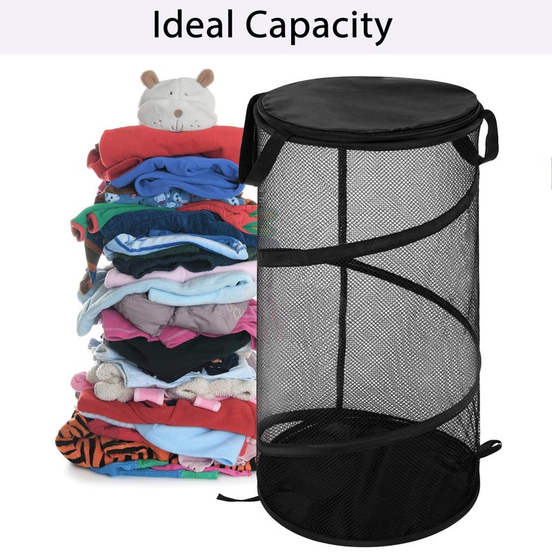 BATTOO Collapsible Laundry Basket with Lid Foldable Mesh Pop Up Hamper with Handles for Laundry Room, Bathroom, Kids Room, College Dorm, Travel, Storage Organizer Black - Image 4