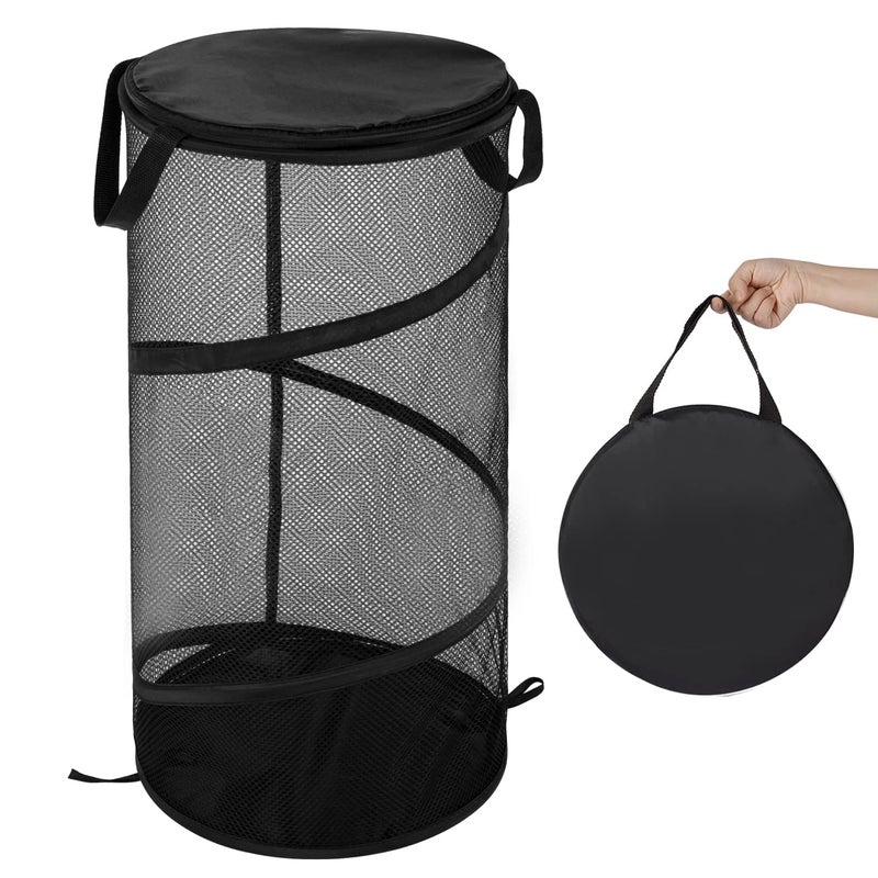 BATTOO Collapsible Laundry Basket with Lid Foldable Mesh Pop Up Hamper with Handles for Laundry Room, Bathroom, Kids Room, College Dorm, Travel, Storage Organizer Black - Image 1