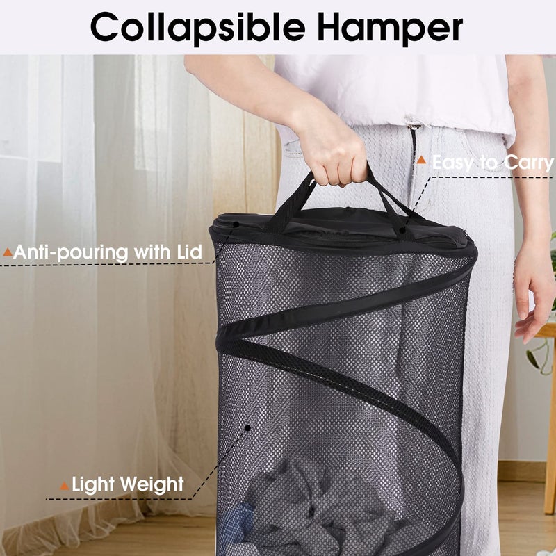 BATTOO Collapsible Laundry Basket with Lid Foldable Mesh Pop Up Hamper with Handles for Laundry Room, Bathroom, Kids Room, College Dorm, Travel, Storage Organizer Black - Image 5