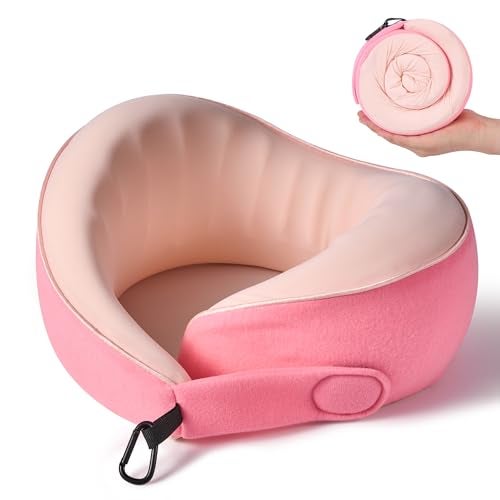 KPNEOL Travel Pillow, 100% Pure Memory Foam Travel Neck Pillow Airplane Neck Support Ergonomic Design for Traveling Suitable for Airplanes,Offices and Cars-Cooling Silk Pink - Image 1