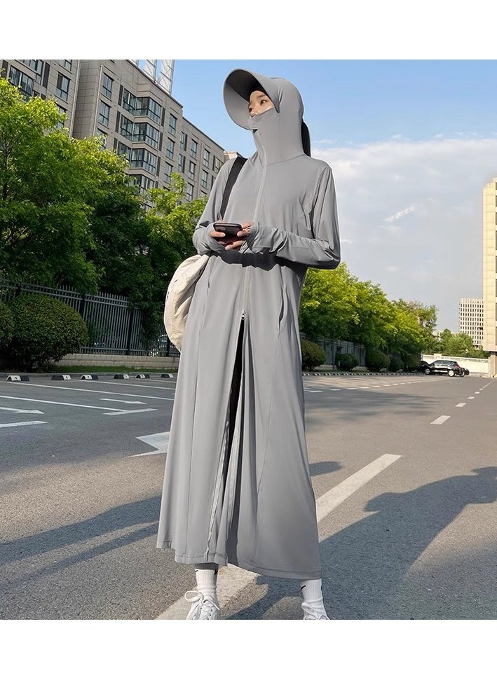 GRKC Women Full Body Sunscreen Cover Up with Hood Long Breathable Cardigan Gray Summer UV Protection Coat 