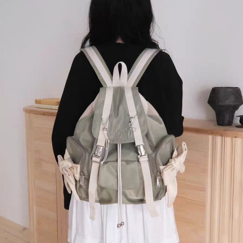 Korean Style Women's Polka Dot Backpack, Light Grey/Olive Green/Black