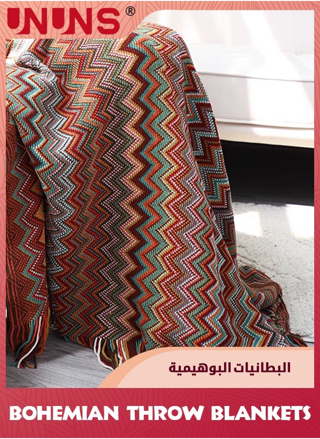 Bohemian Throw King Size Blankets,Soft Cozy Lightweight Knitted Throw Blankets With Tassels,Fall Throw Blanket For Couch Decorative Throw Blankets/Bed/Sofa/All Seasons-Red 130x230cm -Multicolor