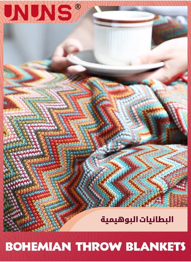 UNUNS Bohemian Throw King Size Blankets,Soft Cozy Lightweight Knitted Throw Blankets With Tassels,Fall Throw Blanket For Couch Decorative Throw Blankets/Bed/Sofa/All Seasons-Red 130x230cm -Multicolor  - Image 2