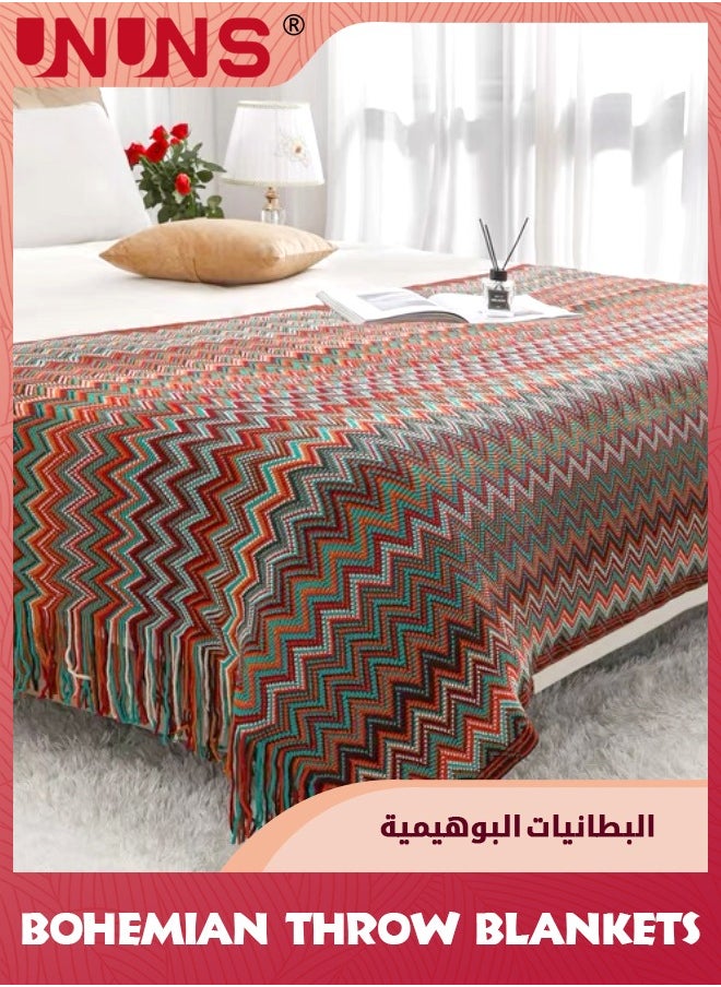 UNUNS Bohemian Throw King Size Blankets,Soft Cozy Lightweight Knitted Throw Blankets With Tassels,Fall Throw Blanket For Couch Decorative Throw Blankets/Bed/Sofa/All Seasons-Red 130x230cm -Multicolor  - Image 3