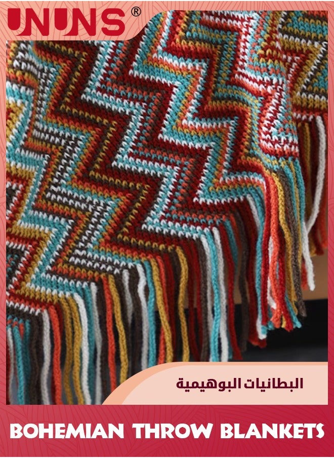 UNUNS Bohemian Throw King Size Blankets,Soft Cozy Lightweight Knitted Throw Blankets With Tassels,Fall Throw Blanket For Couch Decorative Throw Blankets/Bed/Sofa/All Seasons-Red 130x230cm -Multicolor  - Image 5