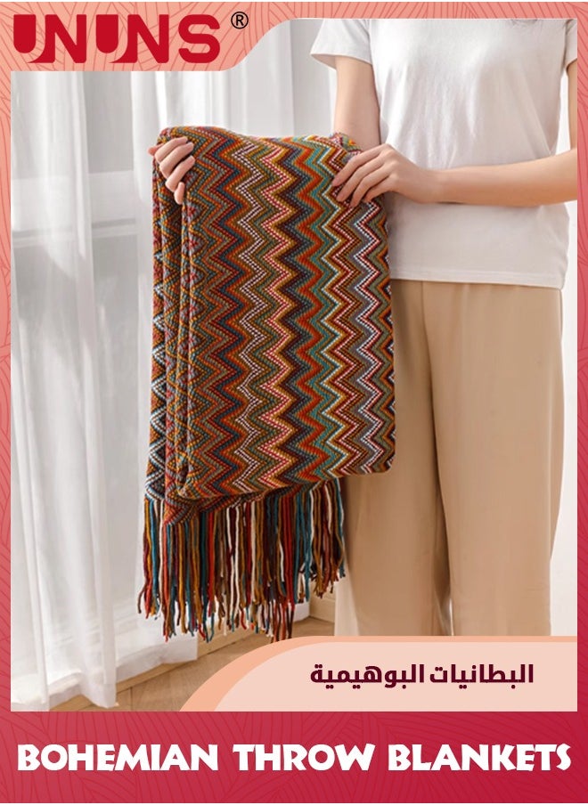 Bohemian Throw King Size Blankets,Soft Cozy Lightweight Knitted Throw Blankets With Tassels,Fall Throw Blanket For Couch Decorative Throw Blankets/Bed/Sofa/All Seasons-Red 130x230cm -Multicolor