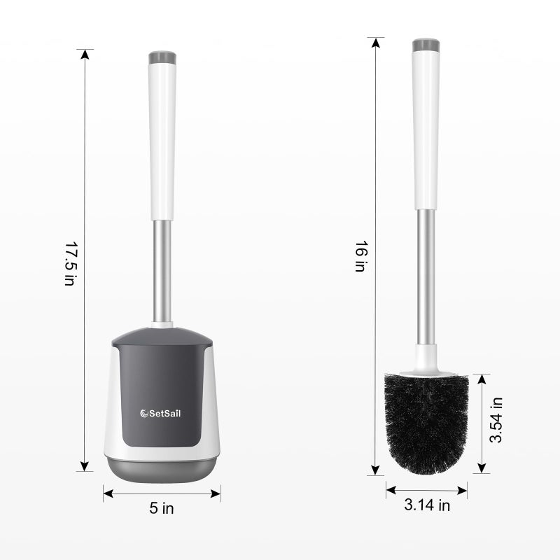 SetSail Toilet Brush and Holder, Self Closing Lid Toilet Bowl Brushes Holder and Extra Long Handle Ventilated Toilet Brush Set for Bathroom Cleaning, Nylon Bristles, White & Grey - Image 2