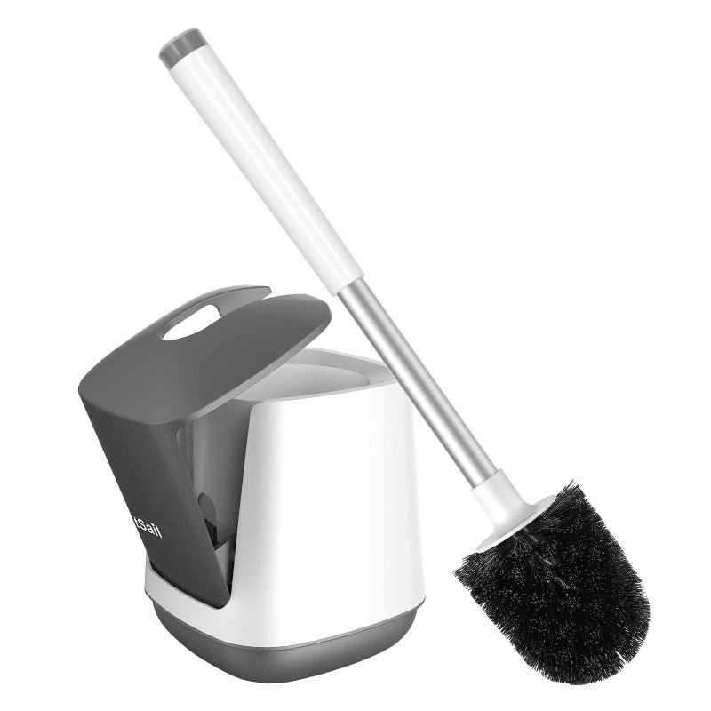 SetSail Toilet Brush and Holder, Self Closing Lid Toilet Bowl Brushes Holder and Extra Long Handle Ventilated Toilet Brush Set for Bathroom Cleaning, Nylon Bristles, White & Grey - Image 1