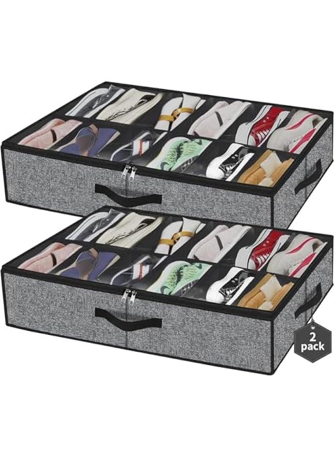 MIXDE Sturdy Under Bed Shoe Storage Organizers 2 Pack, Fit Total 24 Pairs, Large Underbed Closet Shoes Box Container Bag with Clear Cover, Breathable - Image 1