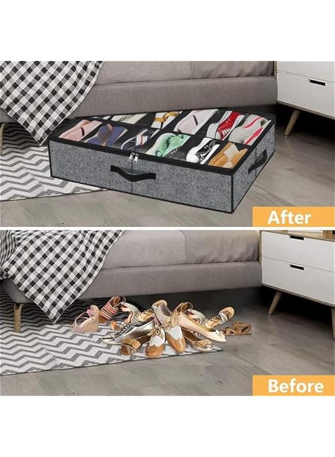 MIXDE Sturdy Under Bed Shoe Storage Organizers 2 Pack, Fit Total 24 Pairs, Large Underbed Closet Shoes Box Container Bag with Clear Cover, Breathable - Image 3