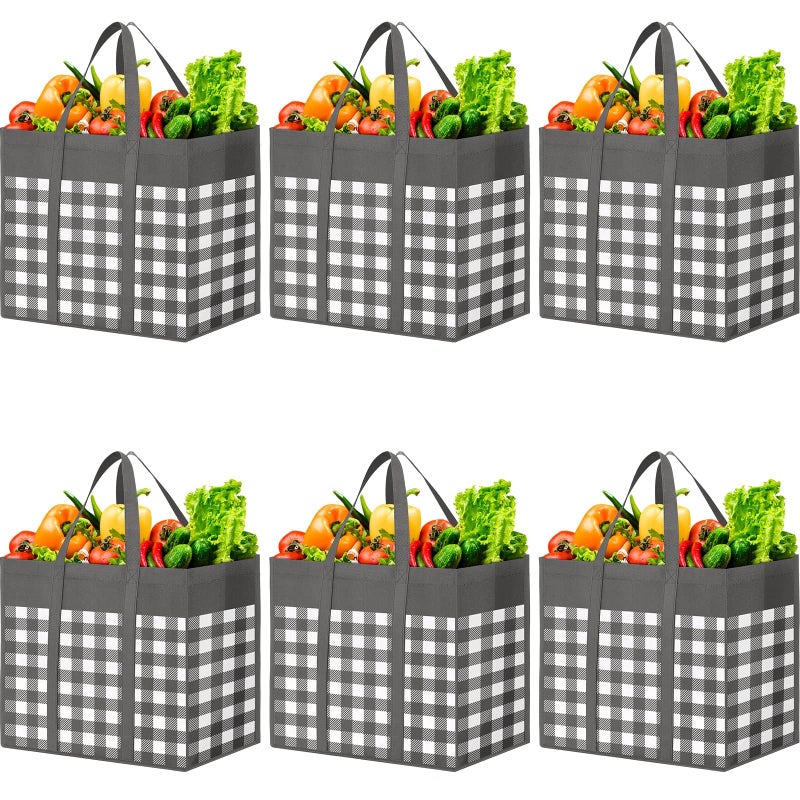 WOWBOX Reusable Grocery Bags 6-Pack  Foldable Reusable Shopping Tote Bags bulk with Reinforced Handles Large Storage Bags with Water Resistant Coating for Groceries Multipurpose Grey-White - Image 1