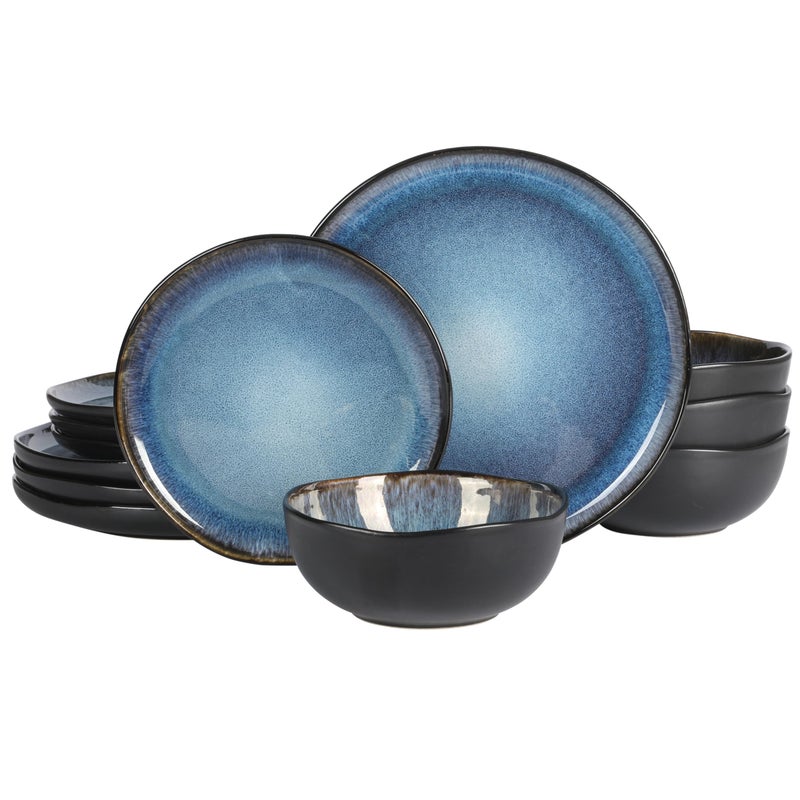 Gibson Elite Nardini 12 Piece (Service for 4) Plates and Bowls Reactive Glaze Dishes Stoneware Ceramic Dinnerware Set - Black and Blue - Image 1