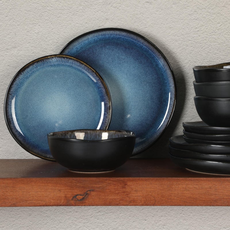 Gibson Elite Nardini 12 Piece (Service for 4) Plates and Bowls Reactive Glaze Dishes Stoneware Ceramic Dinnerware Set - Black and Blue - Image 5