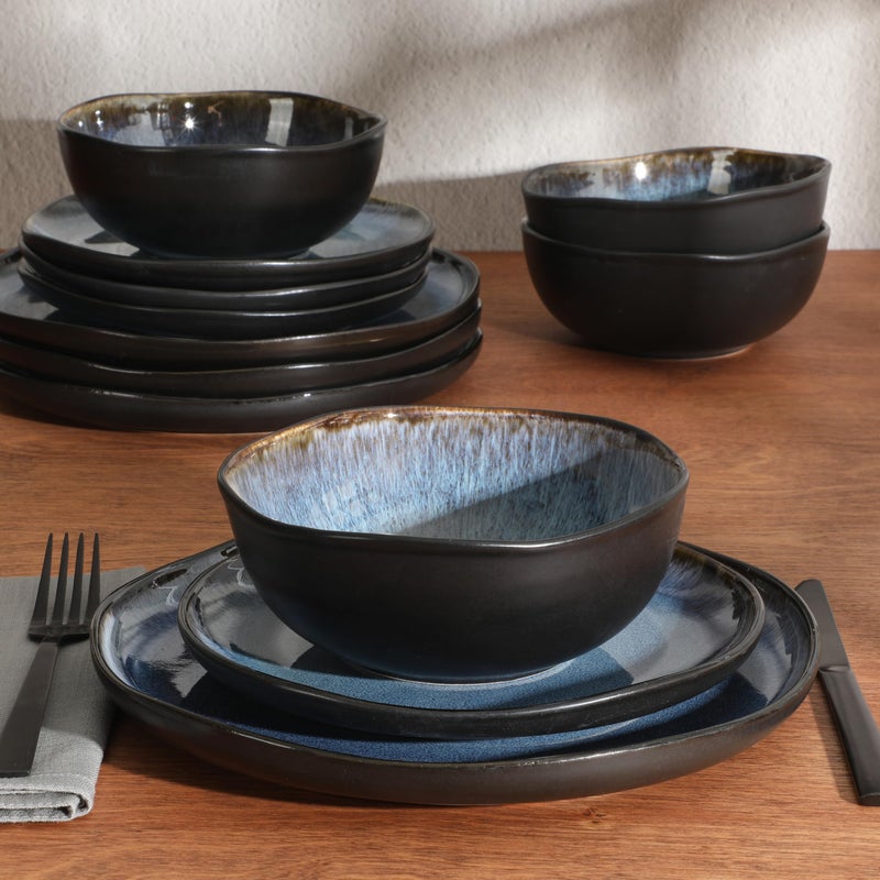 Gibson Elite Nardini 12 Piece (Service for 4) Plates and Bowls Reactive Glaze Dishes Stoneware Ceramic Dinnerware Set - Black and Blue - Image 3