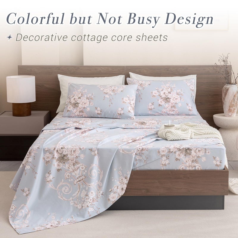 Lady Ann Elegant Peony Bed Sheets Sets Shabby Floral Bedding Percale Sheets Luxury Bedding Collections 100% Egyptian Cotton Sheets Deep Pocket Queen Size - Image 4