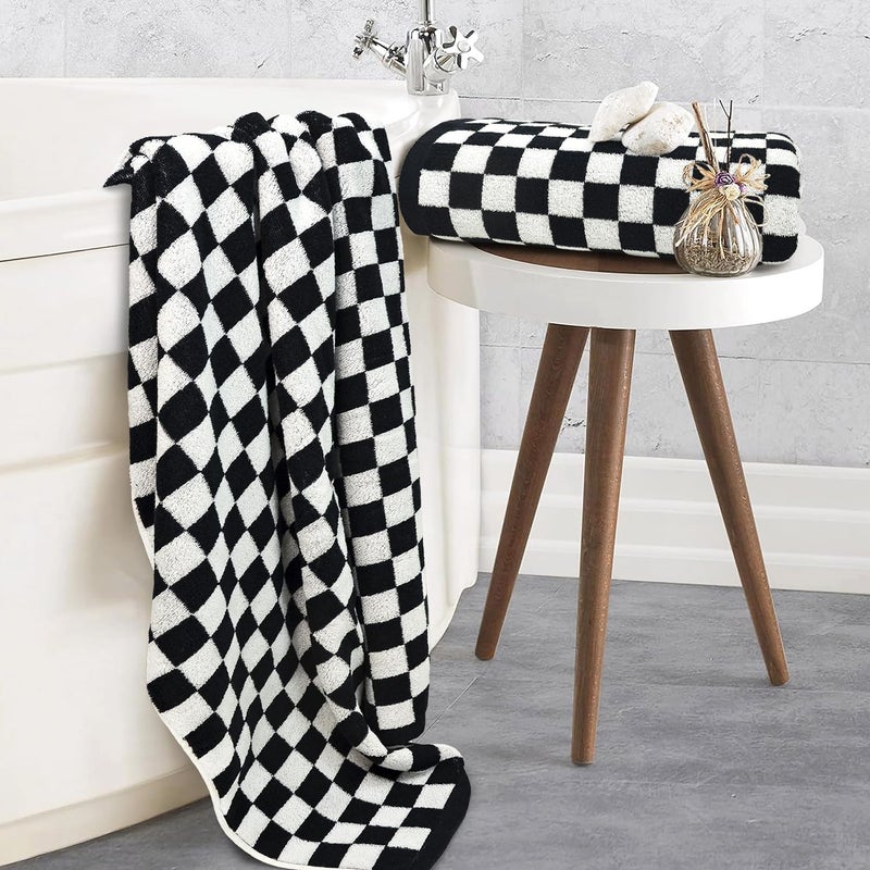 Jacquotha Black & White Checkered Cotton Bath Towels Set of 2 - Cute Aesthetic Bathroom Towels for Bathroom Decor 27.5" x 55" - Image 2