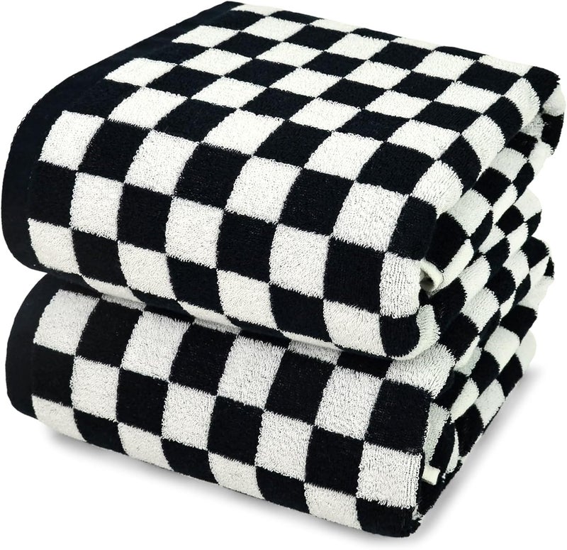 Jacquotha Black & White Checkered Cotton Bath Towels Set of 2 - Cute Aesthetic Bathroom Towels for Bathroom Decor 27.5" x 55" - Image 1