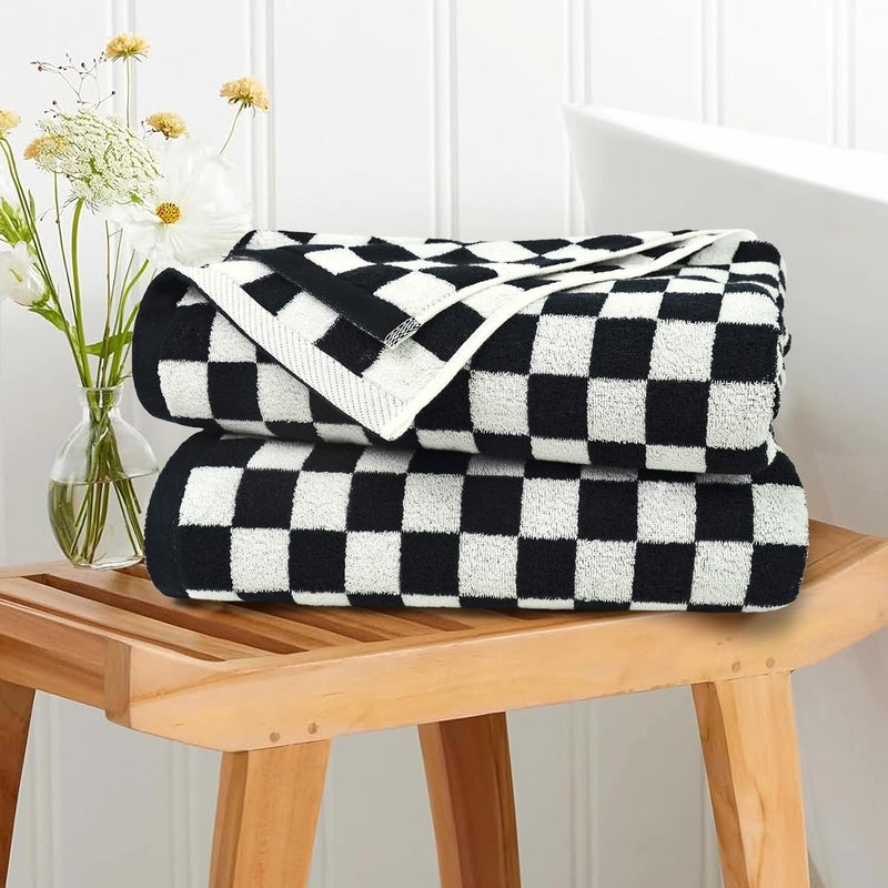 Jacquotha Black & White Checkered Cotton Bath Towels Set of 2 - Cute Aesthetic Bathroom Towels for Bathroom Decor 27.5" x 55" - Image 3