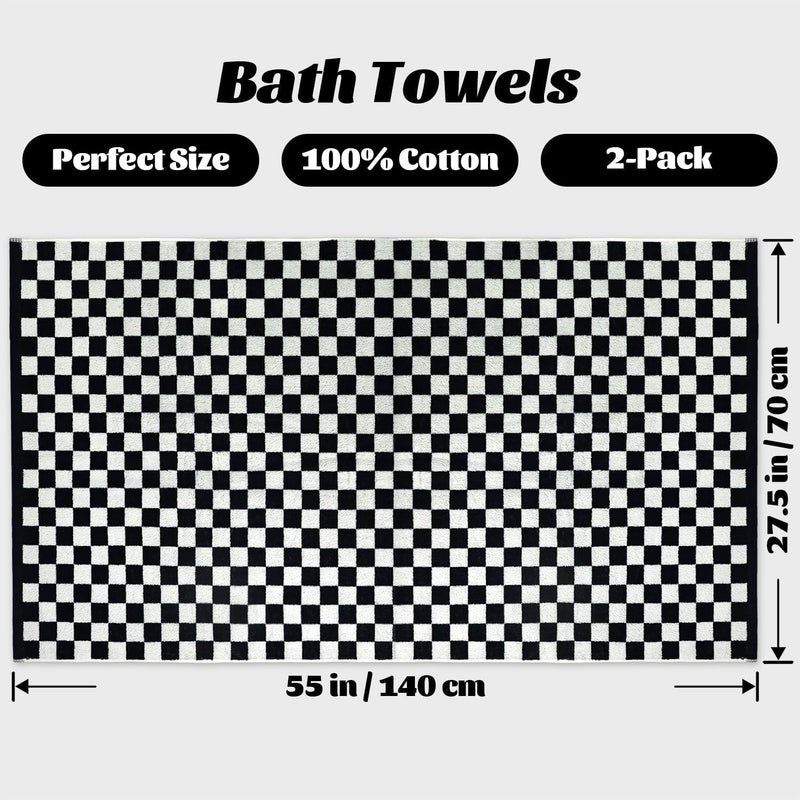 Jacquotha Black & White Checkered Cotton Bath Towels Set of 2 - Cute Aesthetic Bathroom Towels for Bathroom Decor 27.5" x 55" - Image 4