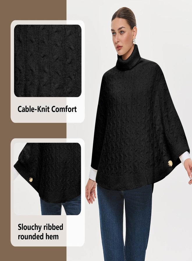 بولي كنزة نسائية فاخرة من PULI بياقة عالية سوداء، بونشو أنيق، كنزة صوفية سميكة محبوكة، شال دافئ مناسب لفصلي الخريف والشتاء - Image 5