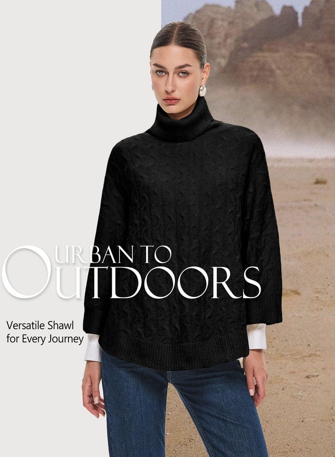 بولي كنزة نسائية فاخرة من PULI بياقة عالية سوداء، بونشو أنيق، كنزة صوفية سميكة محبوكة، شال دافئ مناسب لفصلي الخريف والشتاء - Image 2