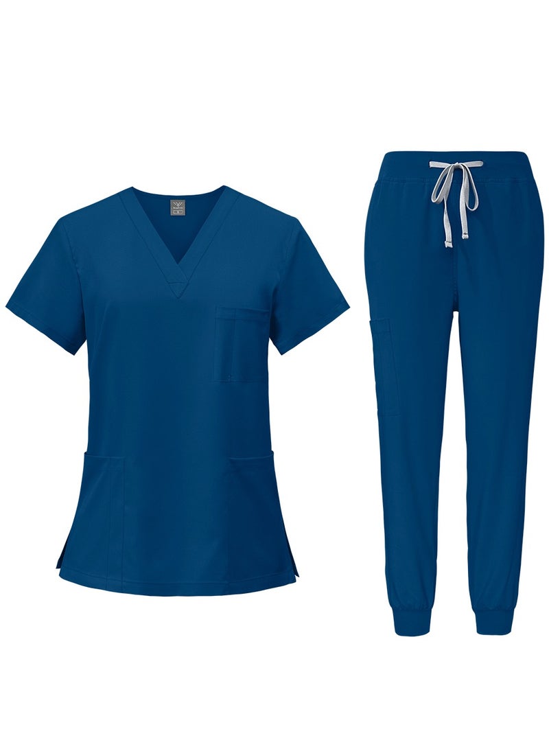 NiaaHinn Men Women's Medical Scrubs Set V-neck Top & Tapered Leg Jogger Pants with Drawstring Medical Nurse Uniform for Hospital Scrub Suit Uniforms for Summer (Peacock Blue) - Image 1