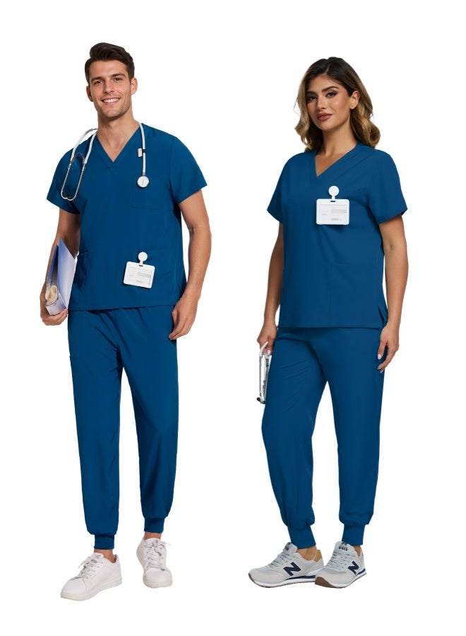 نياهين سكراب طبي نسائي وسكراب طبي رجالي، مكون من بلوزة بفتحة على شكل حرف V وبنطال رياضي ضيق الساق مع رباط، زي ممرضة طبي لزي ممرضة المستشفى للصيف (أزرق الطاووس) - Image 4