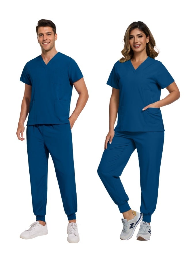 نياهين سكراب طبي نسائي وسكراب طبي رجالي، مكون من بلوزة بفتحة على شكل حرف V وبنطال رياضي ضيق الساق مع رباط، زي ممرضة طبي لزي ممرضة المستشفى للصيف (أزرق الطاووس) - Image 5