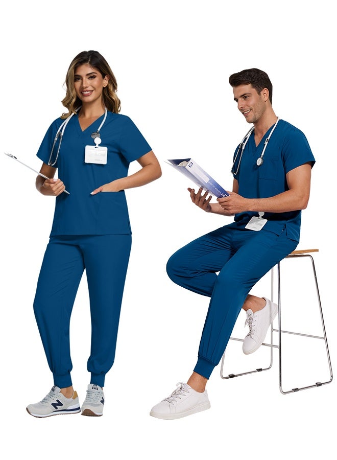نياهين سكراب طبي نسائي وسكراب طبي رجالي، مكون من بلوزة بفتحة على شكل حرف V وبنطال رياضي ضيق الساق مع رباط، زي ممرضة طبي لزي ممرضة المستشفى للصيف (أزرق الطاووس) - Image 3