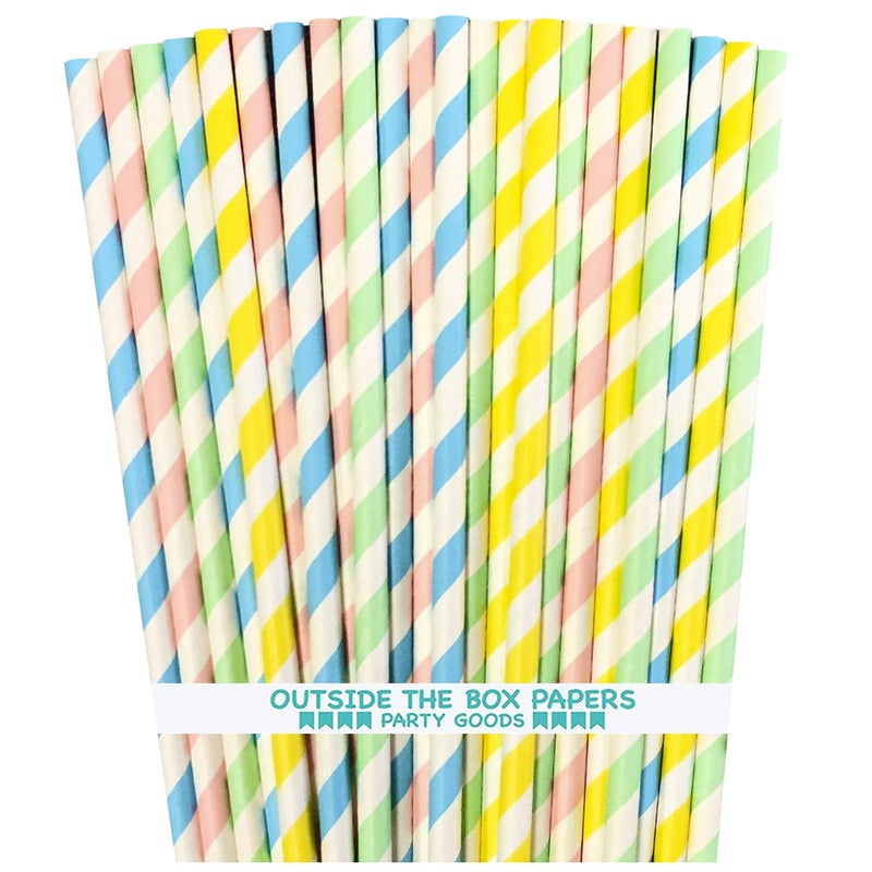 Outside the Box Pape Pastel Stripe Easter Paper Straws - Light Blue Blush Pink Yellow Mint Green - 7.75 Inches - 100 Pack - Image 1